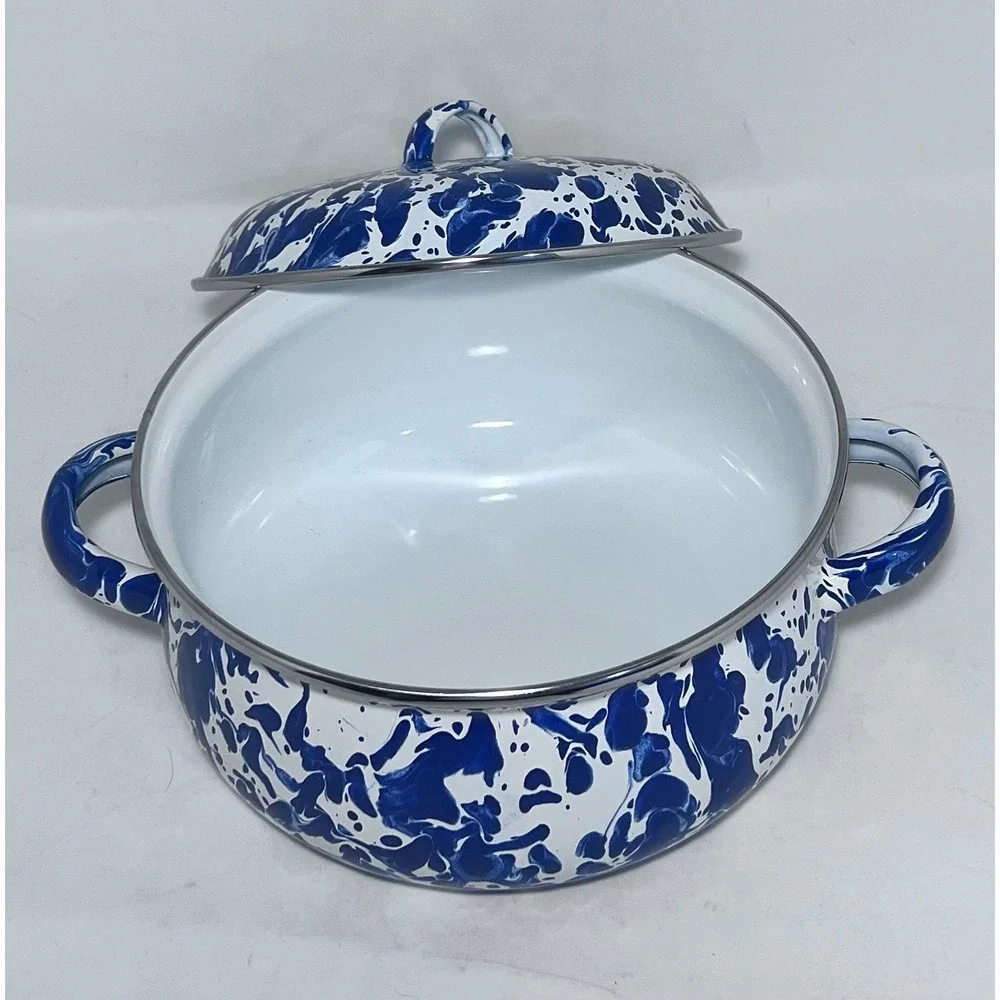 Golden Rabbit Enamel Casserole Pot Cobalt Blue Swirl Large Cottagecore Farmhouse